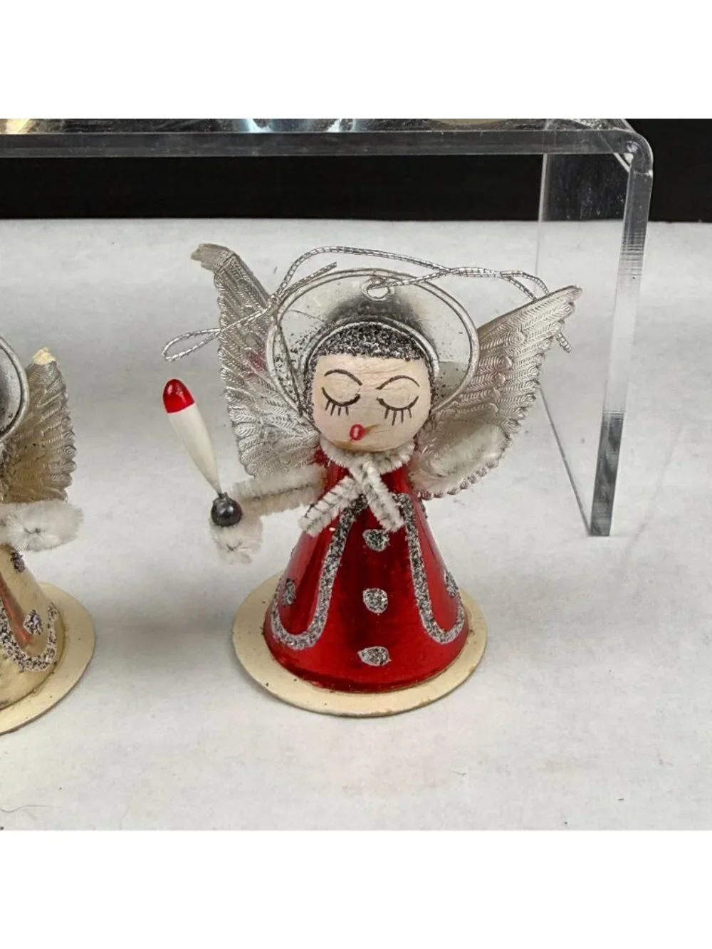 Vintage Cardboard Putz Pipe Cleaner Christmas Angel Ornaments Lot Of 6